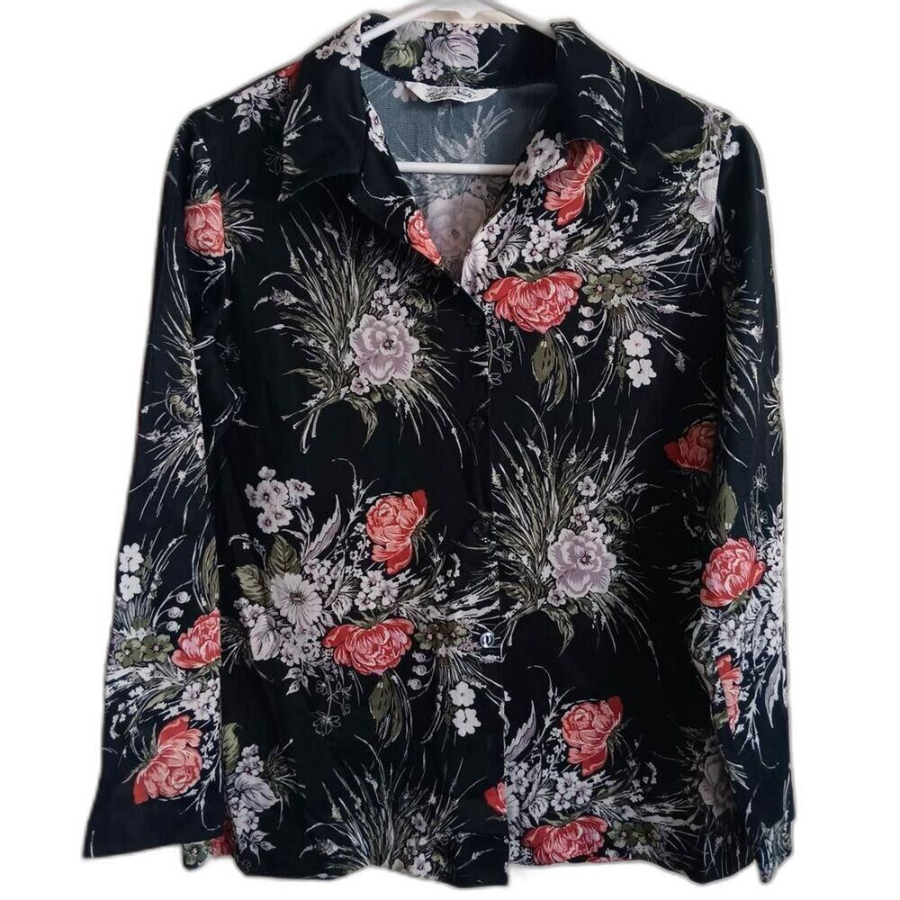 Vintage 1970s lady blair top womens Medium button up long sleeve floral disco